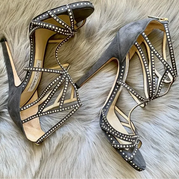Jimmy Choo Gray Leather Vendetta Crystal Embellished Strappy Heel Sandals - Picture 6 of 11